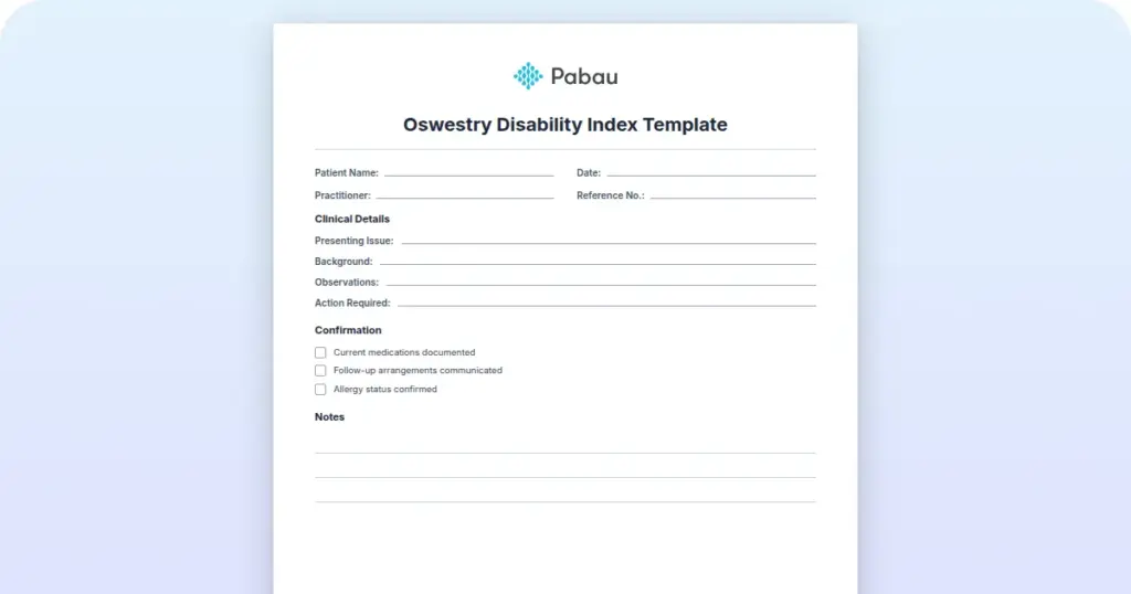 Oswestry Disability Index Template preview from Pabau