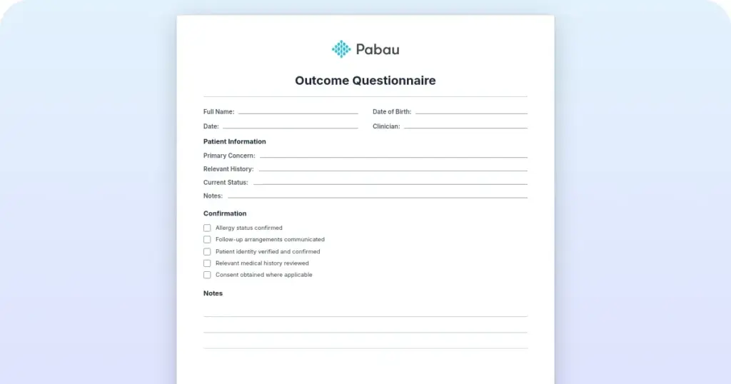 Outcome questionnaire template: 24 items and scoring guide preview from Pabau