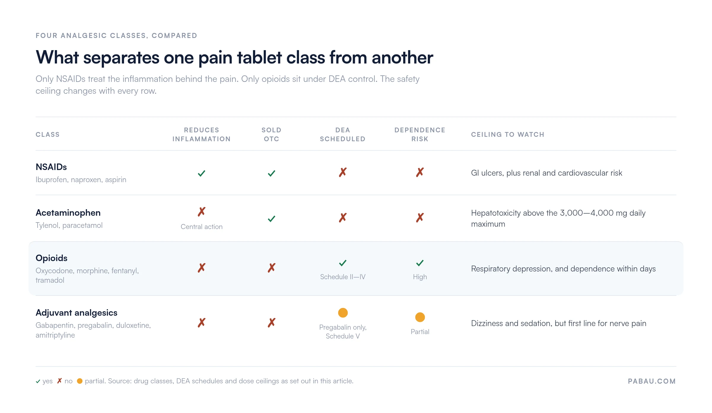Comparison matrix of four analgesic classes: NSAIDs reduce inflammation and sell over the counter with GI, renal and cardiovascular risk; acetaminophen is over the counter with a 3,000 to 4,000 mg daily ceiling; opioids are DEA Schedule II to IV with high dependence risk; adjuvant analgesics are prescription only, with pregabalin scheduled V