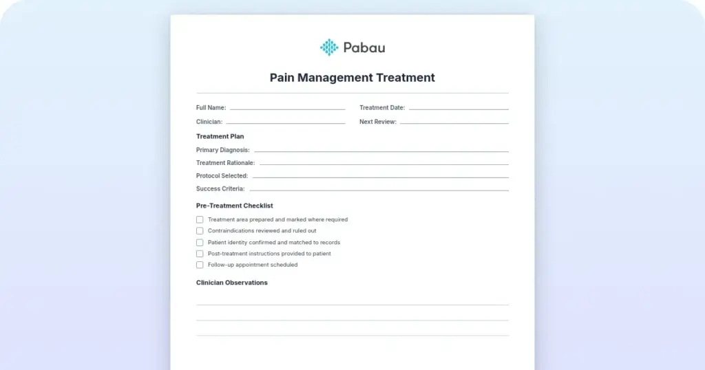 Pain management treatment plan template preview from Pabau