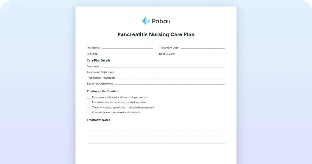 Pancreatitis nursing care plan: NANDA-I diagnoses and interventions preview from Pabau