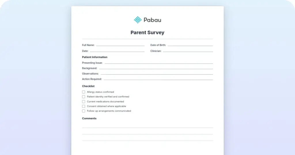 Parent survey template: Free downloadable form preview from Pabau