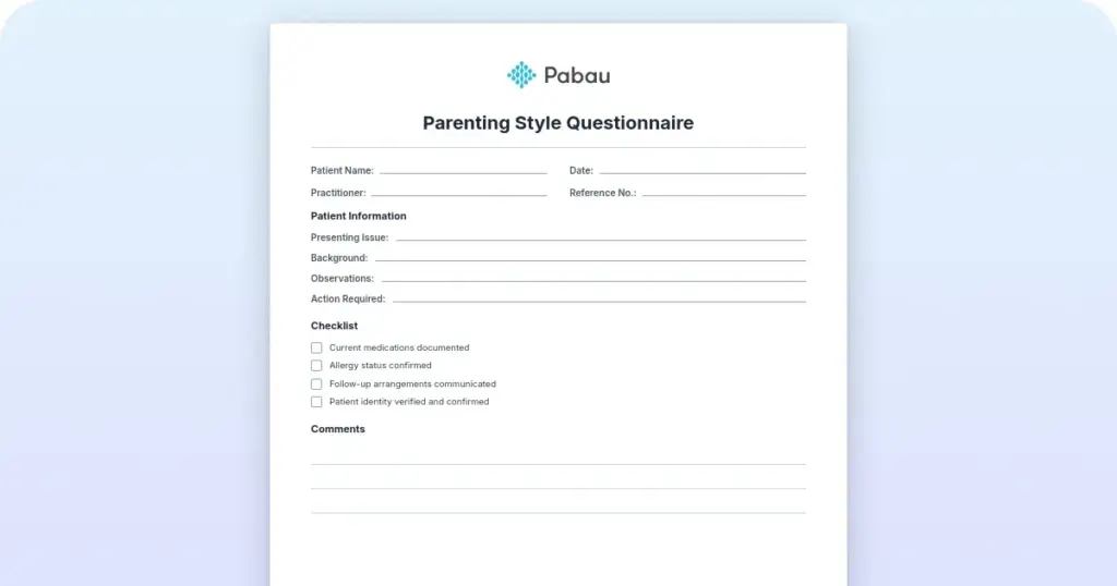 Parenting style questionnaire preview from Pabau