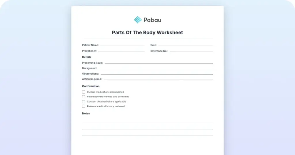 Parts of the body worksheet: Free template to download preview from Pabau