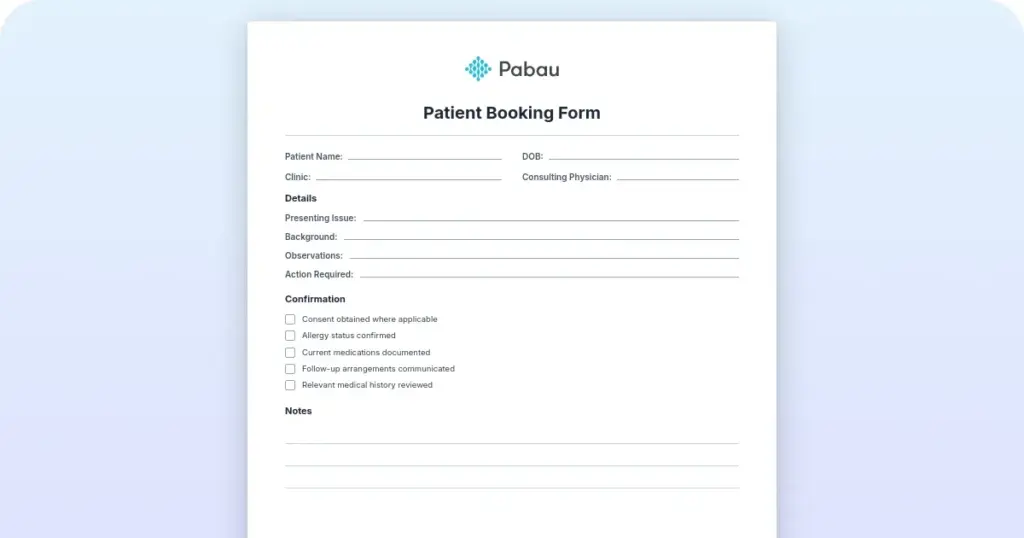 Patient Booking Form preview from Pabau