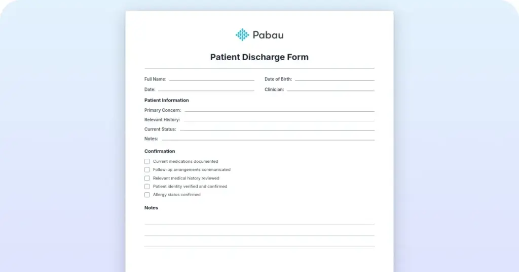 Patient discharge form: Free template and what to include preview from Pabau
