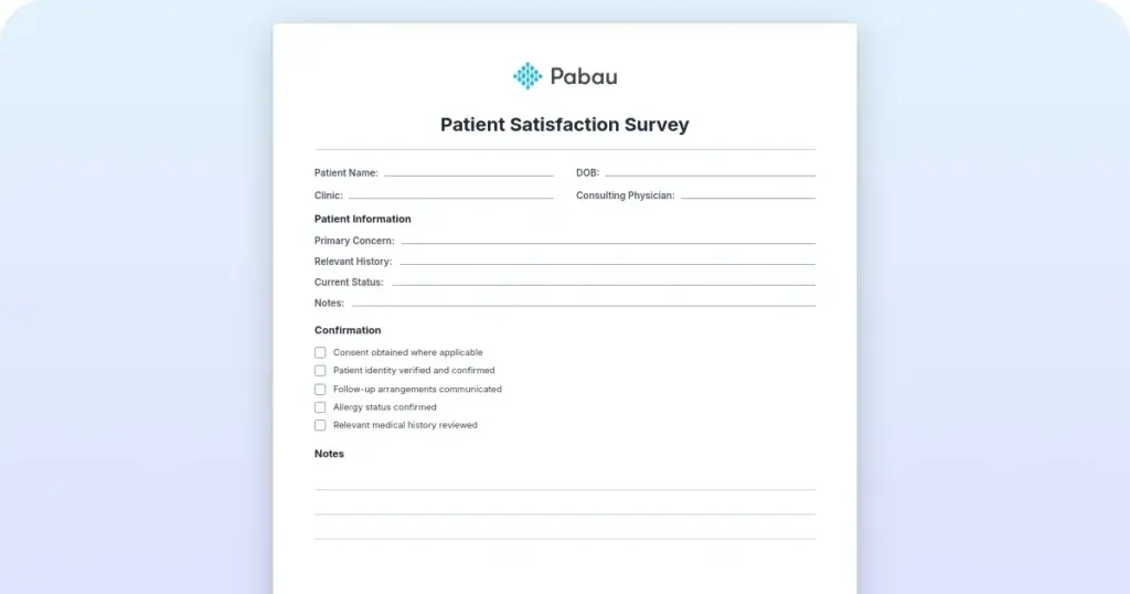 Patient satisfaction survey template and scoring guide preview from Pabau