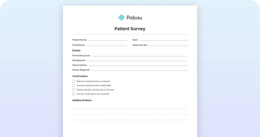 Patient survey preview from Pabau
