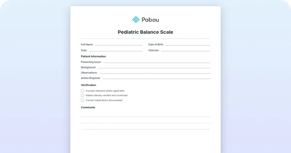 Pediatric balance scale: Free template and scoring guide preview from Pabau