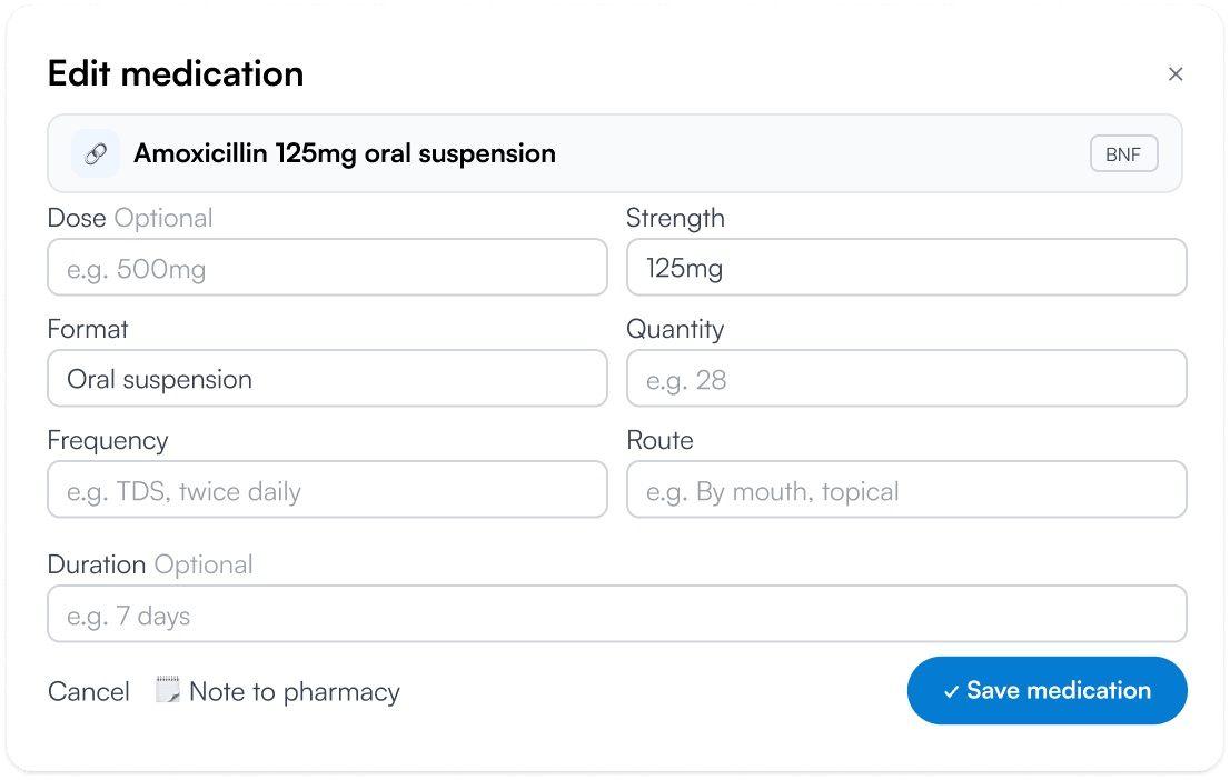 E-prescribing software open inside a Pabau patient record.