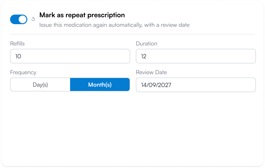 A repeat prescription renewal scheduled in Pabau.