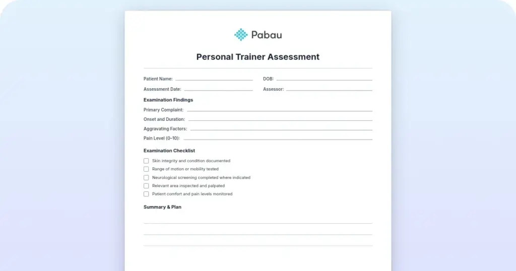 Personal trainer assessment: Free template and 7-section guide preview from Pabau