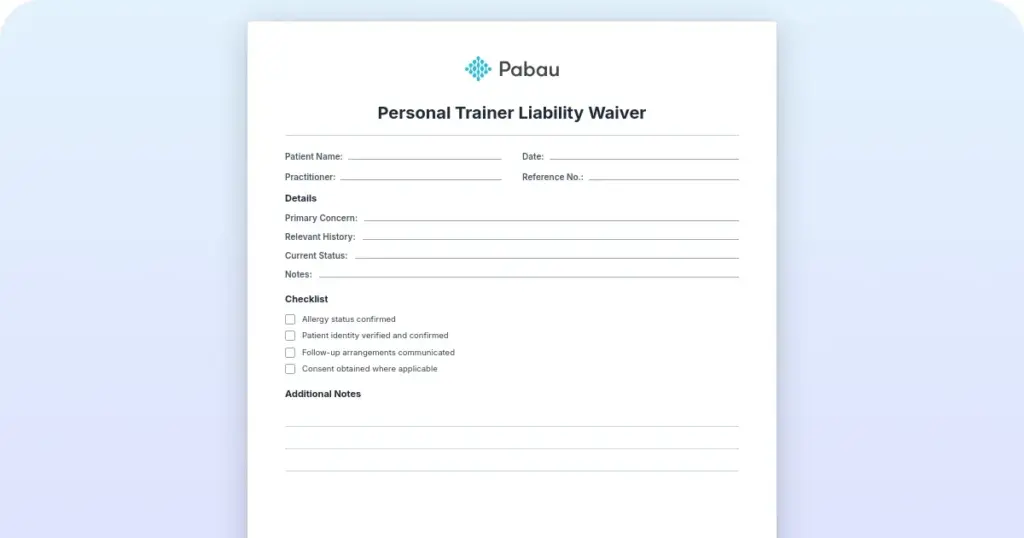Personal Trainer Liability Waiver preview from Pabau