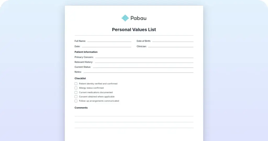Personal values list preview from Pabau