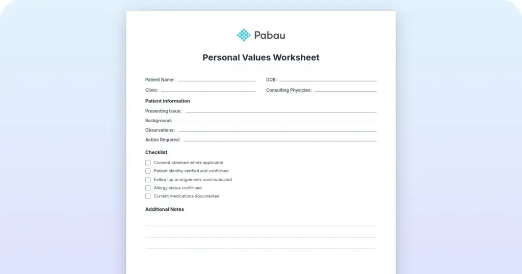 Personal values worksheet: A free tool for therapists and clients preview from Pabau