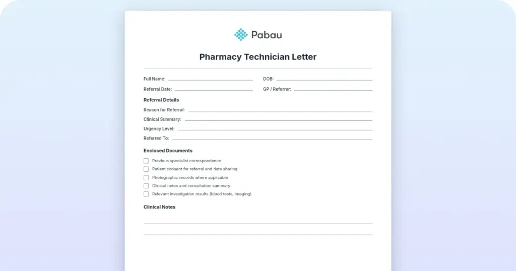 Pharmacy Technician Letter preview from Pabau