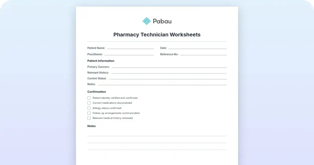 Pharmacy technician worksheets preview from Pabau