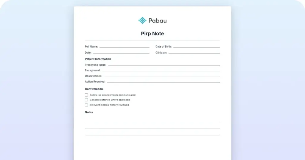 PIRP note: Free template preview from Pabau
