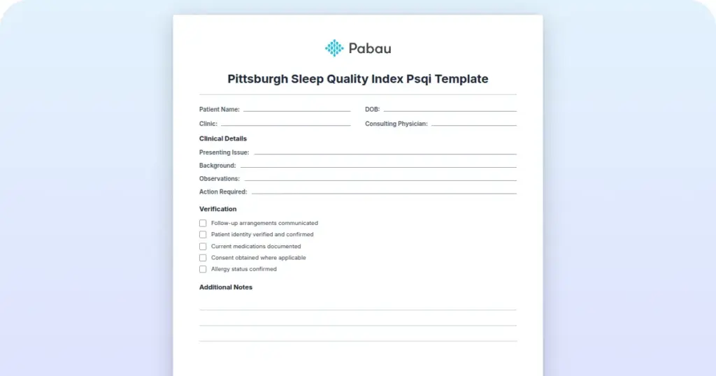 Pittsburgh Sleep Quality Index – PSQI Template preview from Pabau