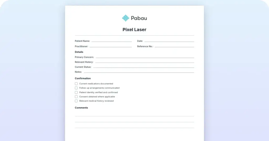 Pixel laser treatment documentation template preview from Pabau