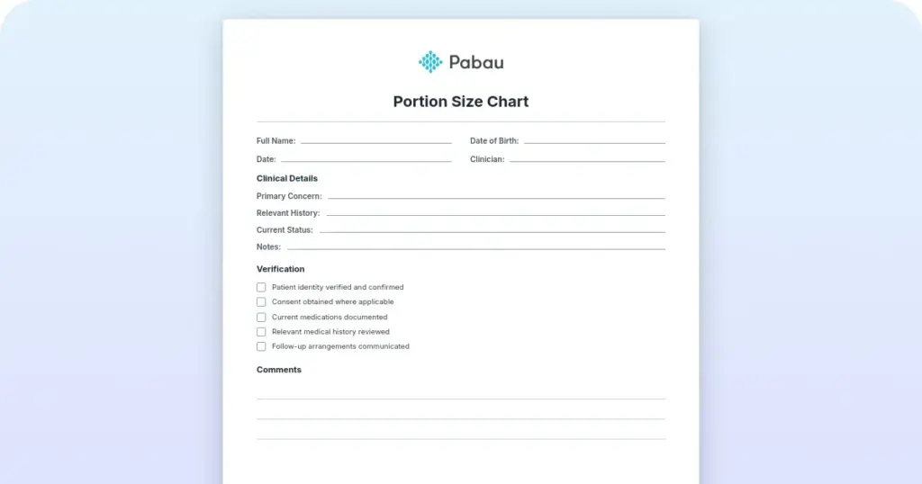 Food portion size chart: Free PDF template preview from Pabau