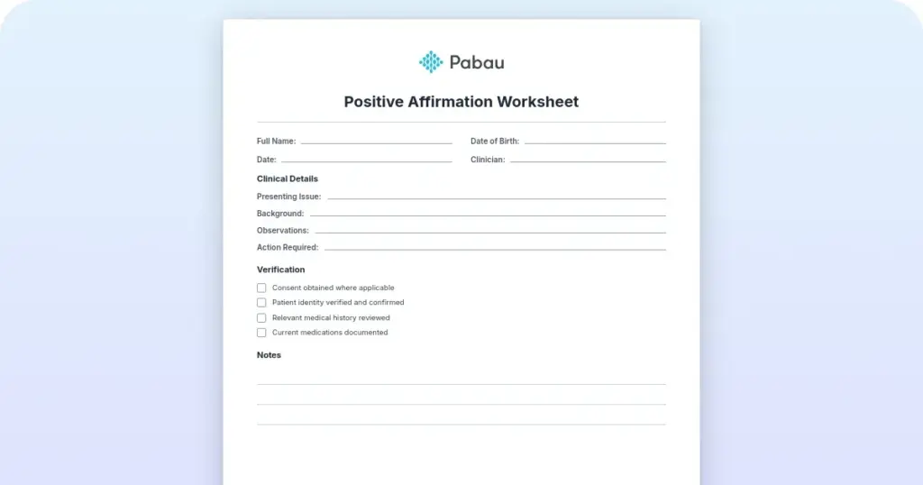 Positive affirmation worksheet preview from Pabau