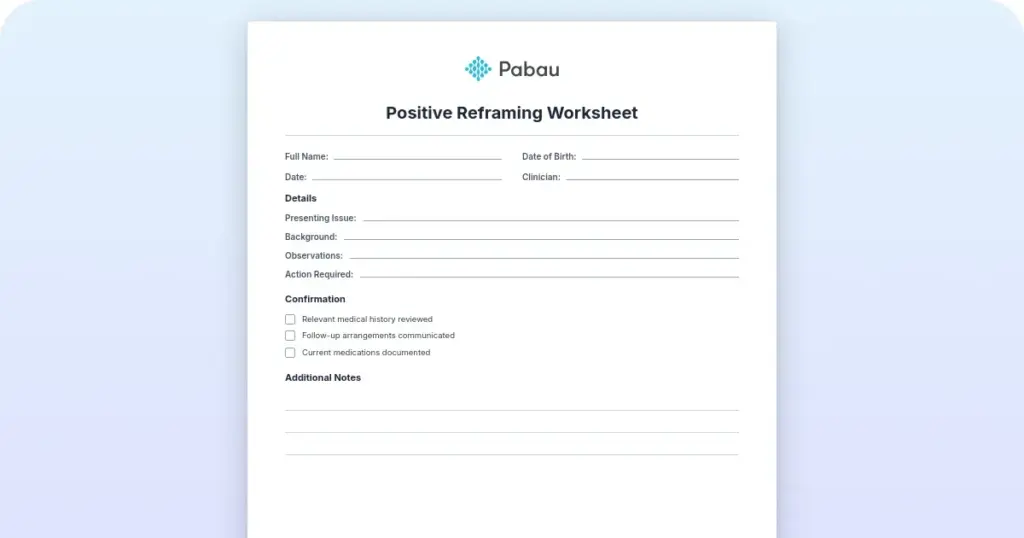 Positive reframing worksheet: How to use all 11 prompts preview from Pabau