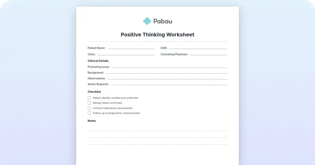 Positive thinking worksheet: Free printable CBT template preview from Pabau