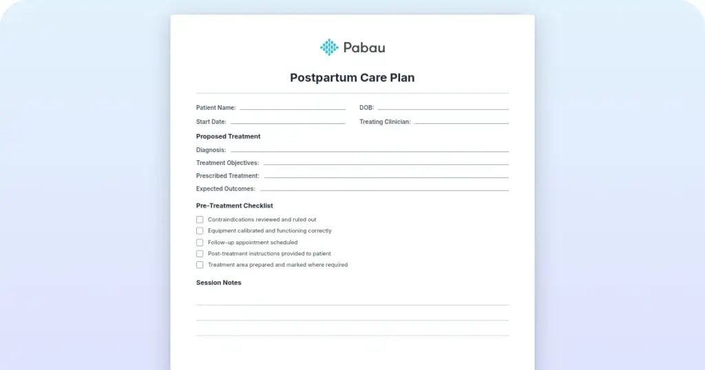 Postpartum care plan preview from Pabau