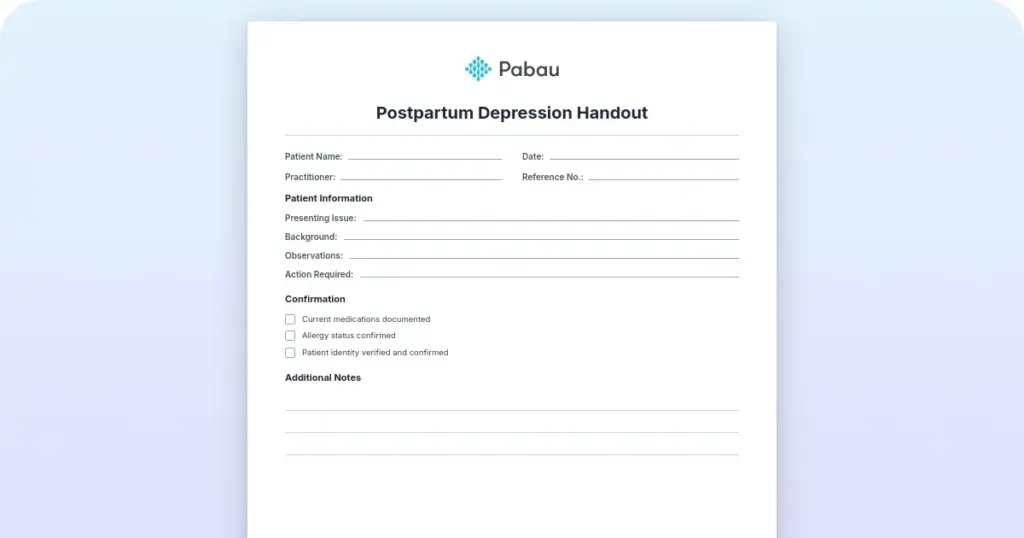 Postpartum depression handout: Free PDF template preview from Pabau