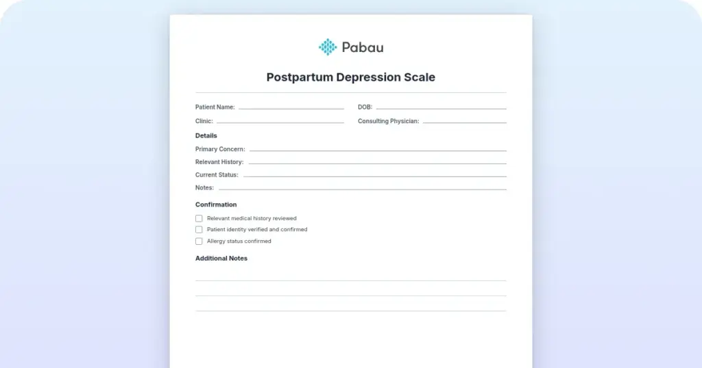 Postpartum depression scale (EPDS) preview from Pabau