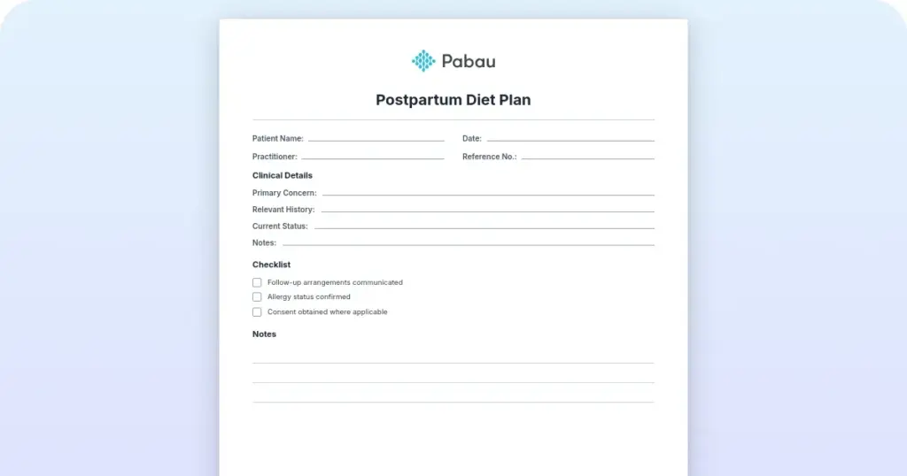 Postpartum diet plan preview from Pabau