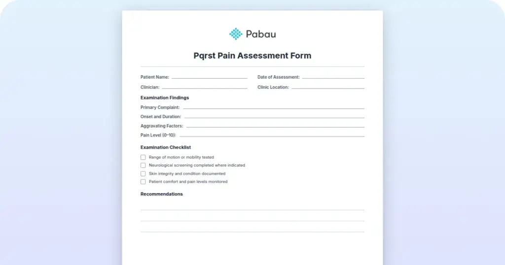 PQRST Pain Assessment Form preview from Pabau