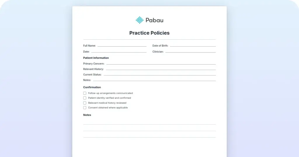 Practice policies: The 7 your practice needs & how to get them signed preview from Pabau