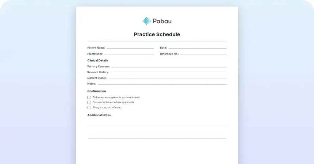 Practice schedule: Free template preview from Pabau