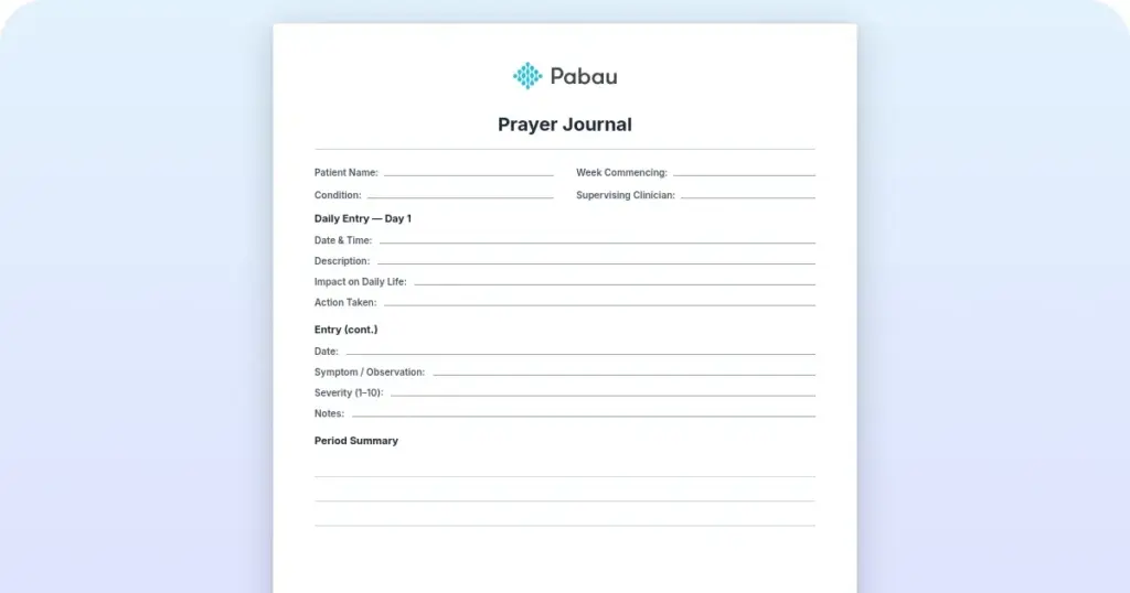 Prayer journal template preview from Pabau