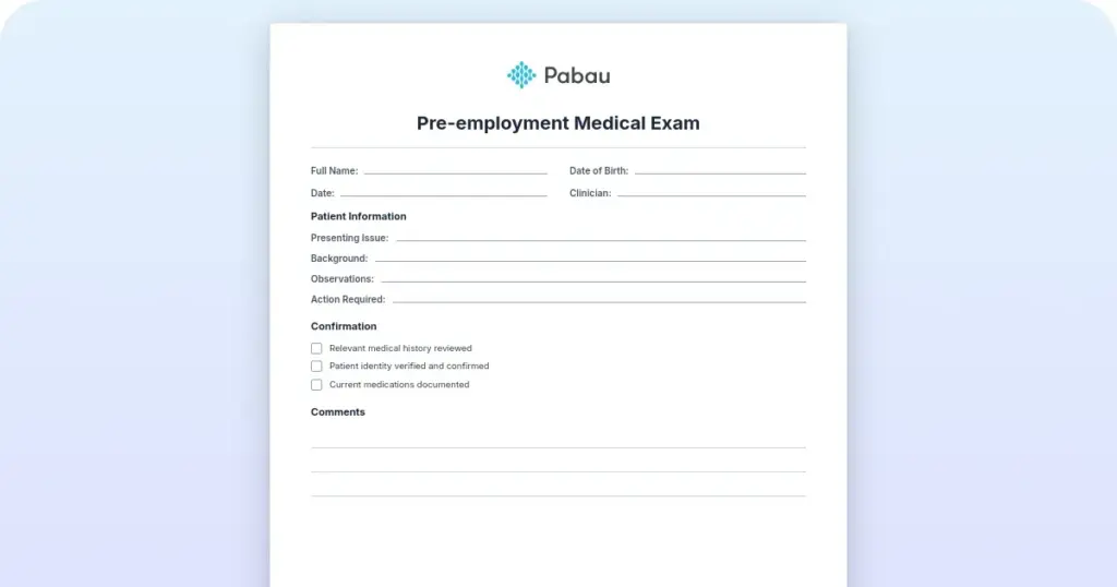 Free pre-employment medical exam template preview from Pabau