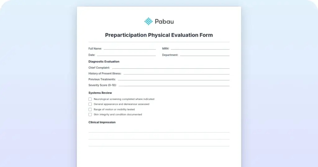 Preparticipation physical evaluation form preview from Pabau