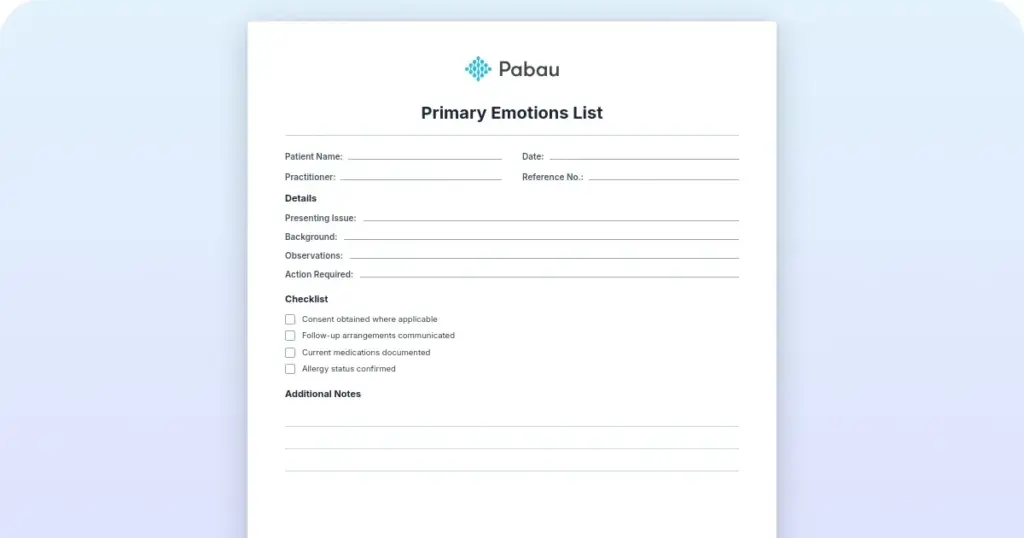 Primary emotions list for therapists preview from Pabau