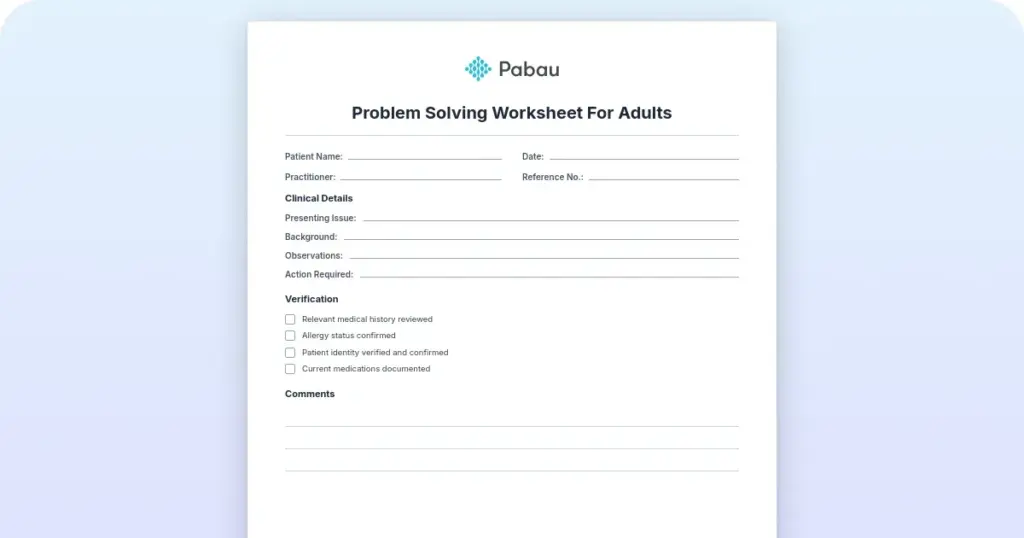 Problem solving worksheet for adults: Free PDF and 5-step guide preview from Pabau