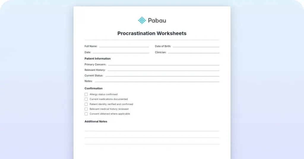 Procrastination worksheets: Free CBT and ACT templates for therapists preview from Pabau