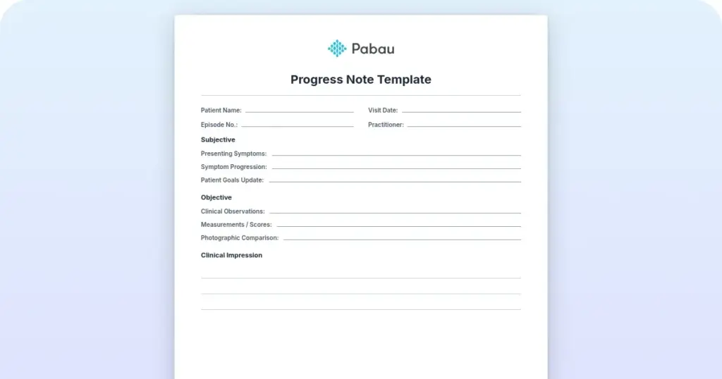 Progress note template preview from Pabau
