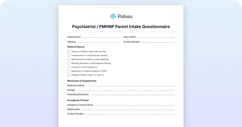 Psychiatrist Pmhnp Parent Intake Questionnaire