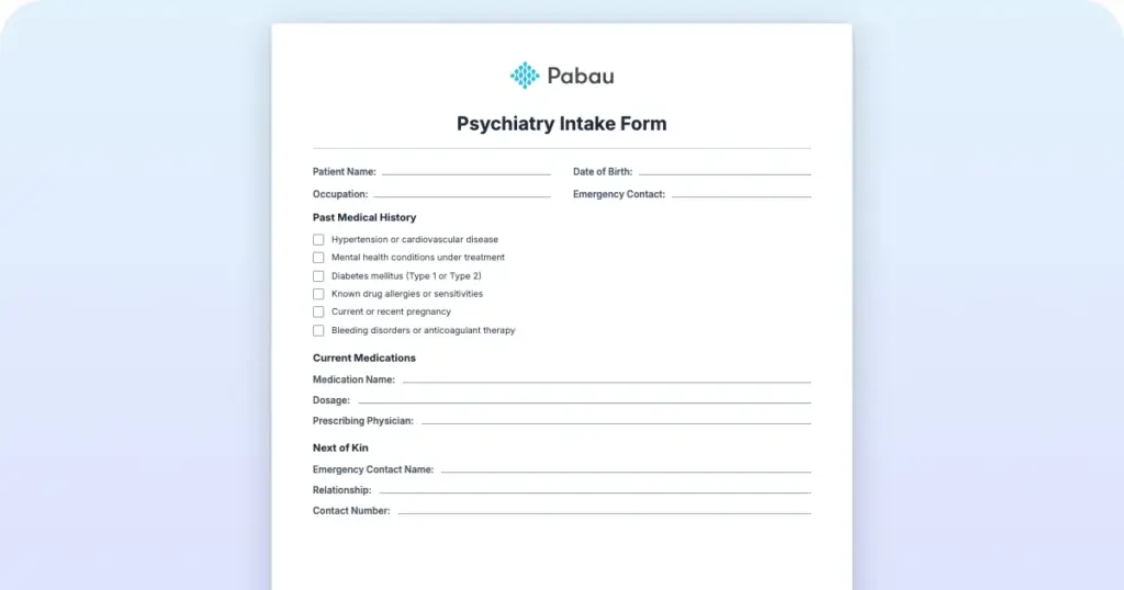 Psychiatry Intake Form preview from Pabau