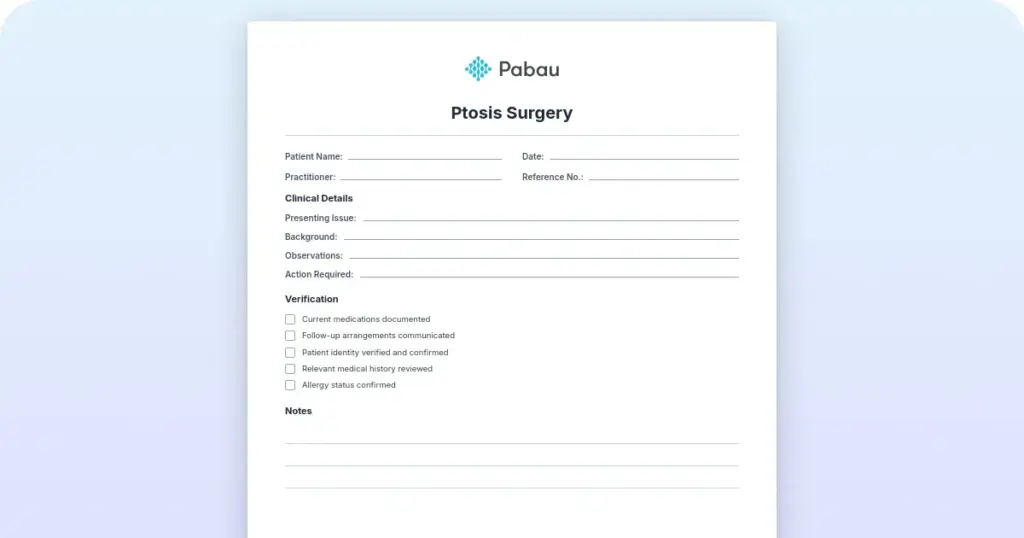Ptosis surgery (blepharoptosis repair) documentation template preview from Pabau