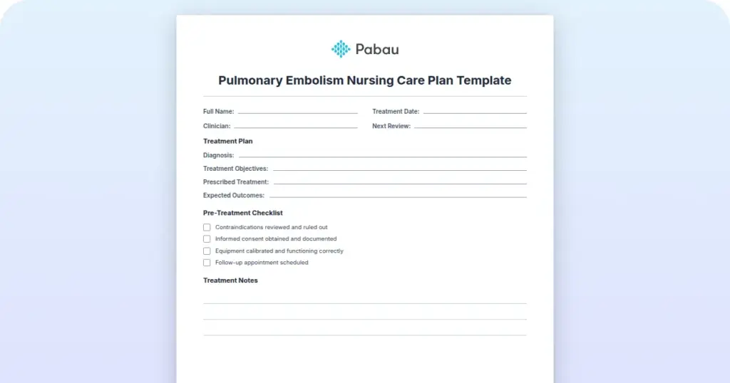 Pulmonary Embolism Nursing Care Plan Template preview from Pabau