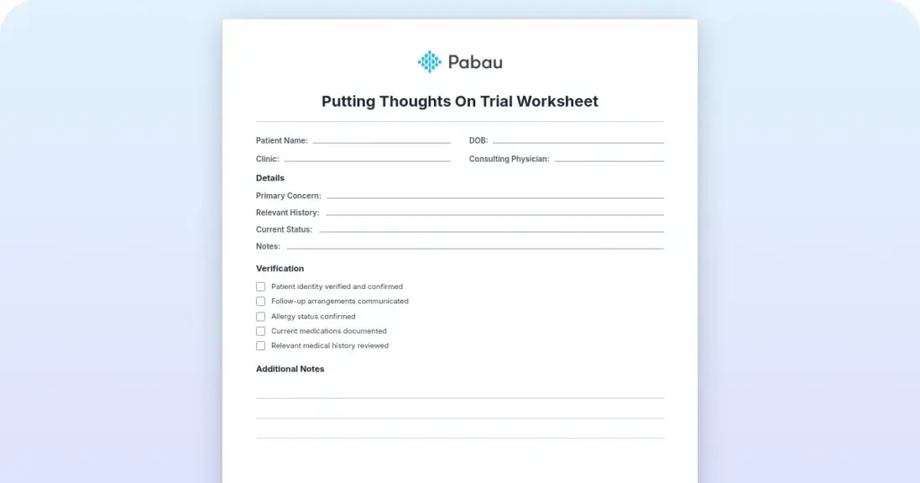 Putting thoughts on trial worksheet (free PDF) + 4 steps preview from Pabau