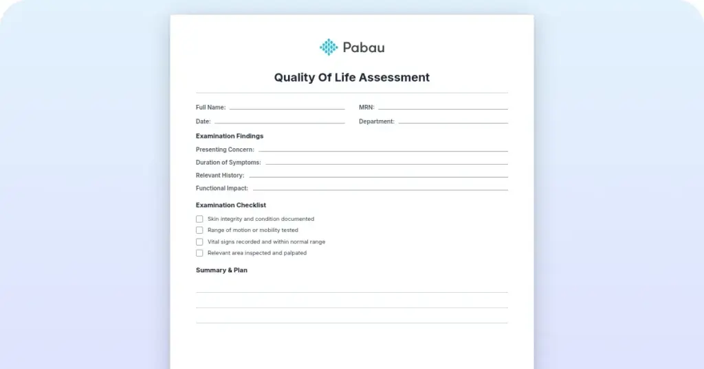 Quality of life questionnaire and assessment template preview from Pabau