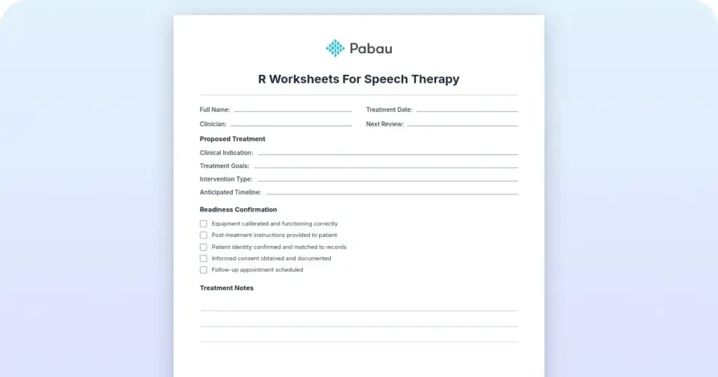 R worksheets for speech therapy preview from Pabau