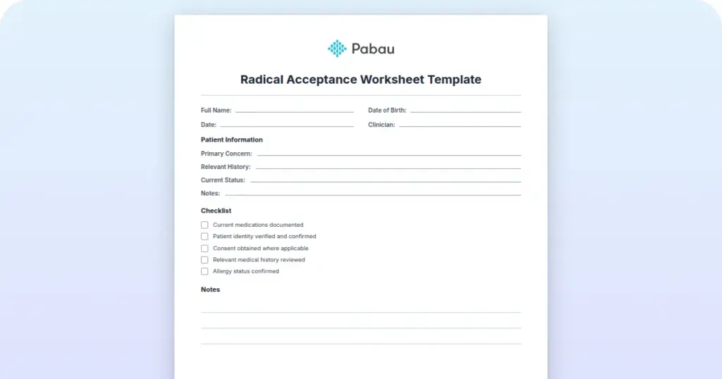 Radical Acceptance Worksheet Template preview from Pabau